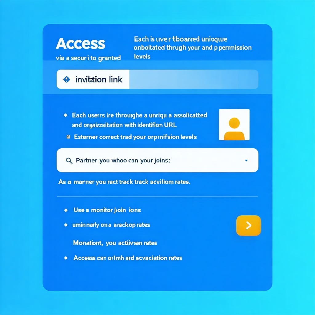 Access is granted via a secure invitation link Each user is onboarded through a unique URL associated with your organization ensuring correct identification and permission levels As a partner you can monitor who joins and track activation rates-1
