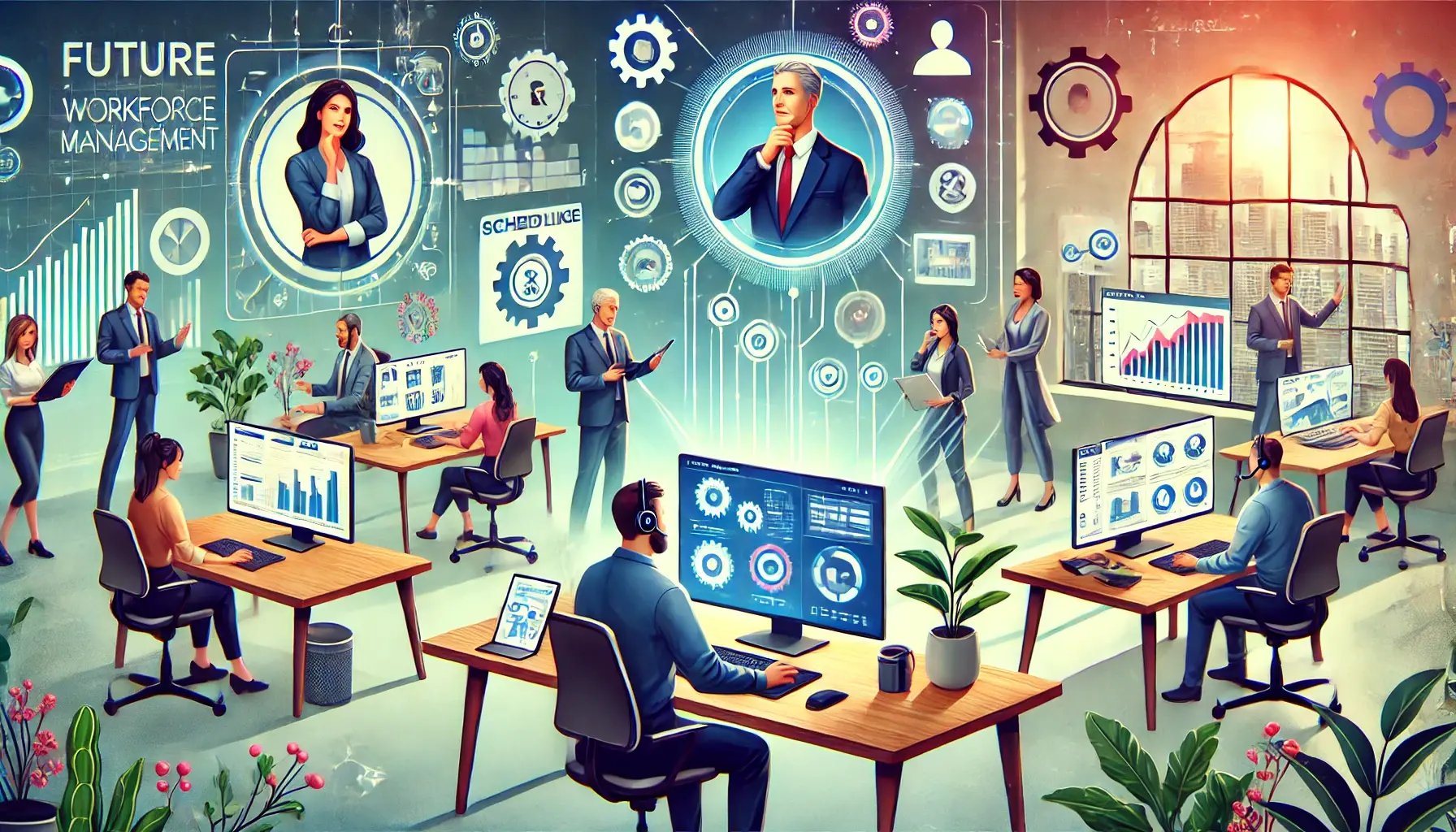 DALL·E 2025-03-02 16.03.05 - An illustration depicting the future of workforce management for small businesses. The image should include a modern office setting with a mix of trad