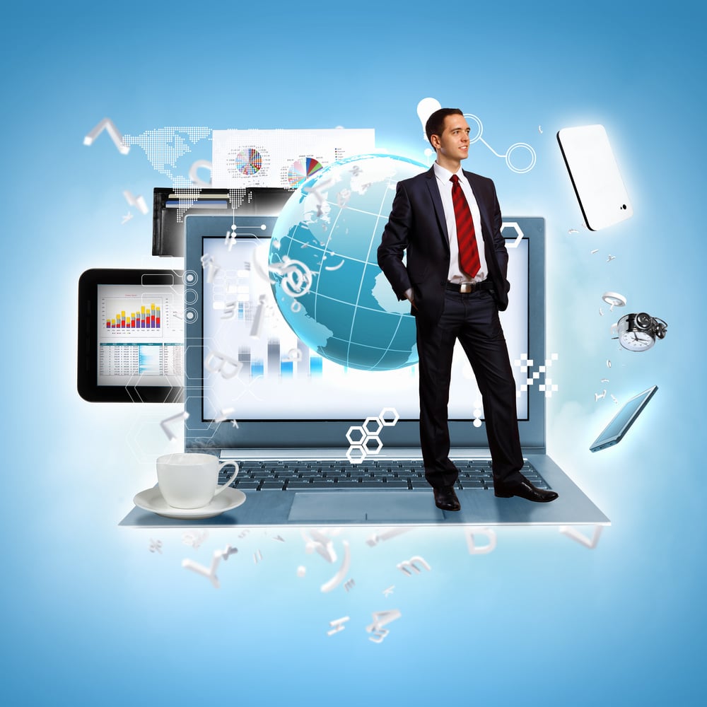 Modern technology illustration with computers and business person