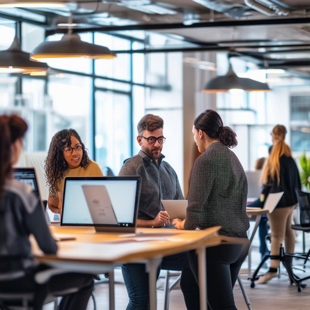 An image of a diverse group of individuals working together in a modern office space, collaborating on various projects