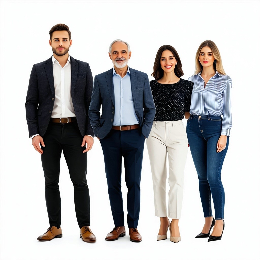 Whole body diverse two men and two women dressed in smart casual business add various ages between age 25 and 60 years transparent no background-1
